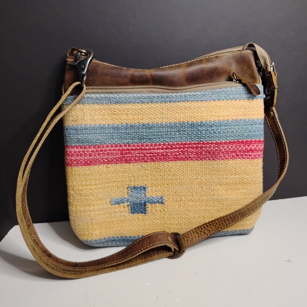 Myra Bag Crossbody Leather & Upcycled Cotton Yellow Pink and Blue